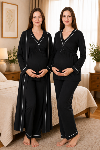 Effortt 4054 Siyah Biye Detaylı Sabahlıklı Lohusa Pijama Takımı Effortt 4054 Siyah Biye Detaylı Sabahlıklı Lohusa Pijama Takımı